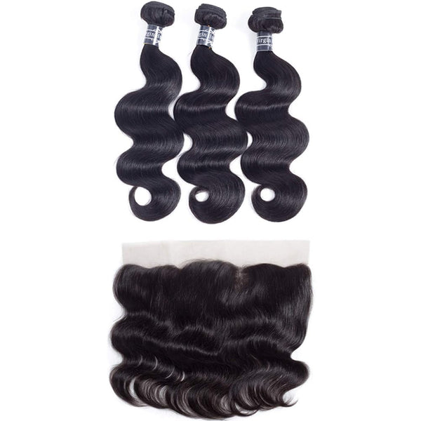 Amella Hair 8A Brazilian Body Wave Virgin Hair 3 Bundles with Three Part Closure (14 16 18+12,Natural Black) 100% Unprocessed Brazilian Body Wave Human Hair Weft with Lace Closure Brazilian Body Wave