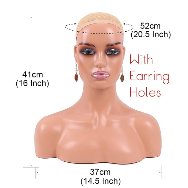 Realistic Female Mannequin Head with Shoulder for Display - Manikin Head with Shoulder for Wig/Jewelry/Makeup/Hat/Sunglass Display (Light Brown)