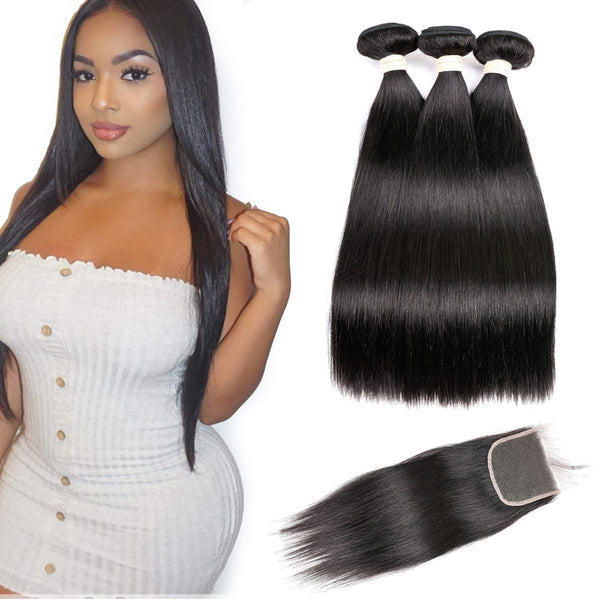 Body Wave 3 Bundles with Frontal Human Hair Bundles with Lace Frontal (18 20 22+18, Natural Black) Brazilian Body Wave Hair Virgin Hair Ear to Ear 13x4 Frontal Natural Black