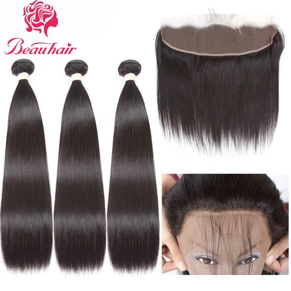Body Wave 3 Bundles with Frontal Human Hair Bundles with Lace Frontal (18 20 22+18, Natural Black) Brazilian Body Wave Hair Virgin Hair Ear to Ear 13x4 Frontal Natural Black