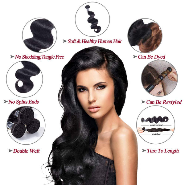 Amella Hair 8A Brazilian Body Wave Virgin Hair 3 Bundles with Three Part Closure (14 16 18+12,Natural Black) 100% Unprocessed Brazilian Body Wave Human Hair Weft with Lace Closure Brazilian Body Wave