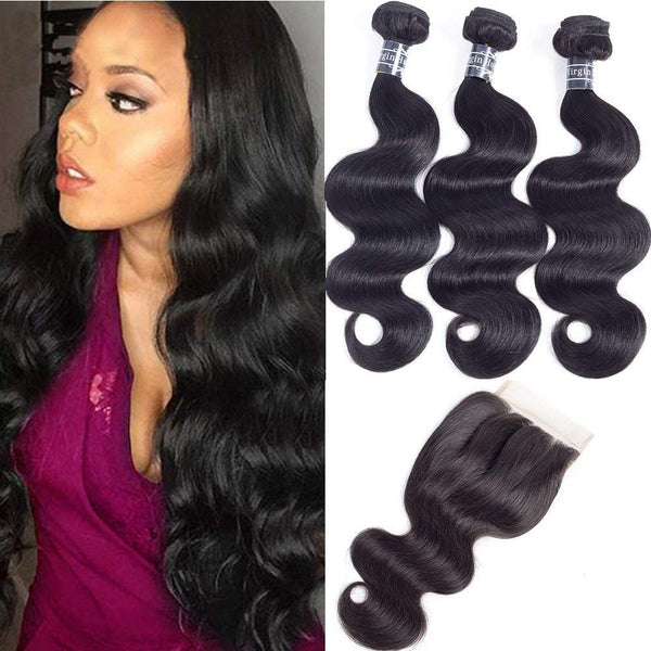 Amella Hair 8A Brazilian Body Wave Virgin Hair 3 Bundles with Three Part Closure (14 16 18+12,Natural Black) 100% Unprocessed Brazilian Body Wave Human Hair Weft with Lace Closure Brazilian Body Wave