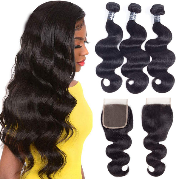 Amella Hair 8A Brazilian Body Wave Virgin Hair 3 Bundles with Three Part Closure (14 16 18+12,Natural Black) 100% Unprocessed Brazilian Body Wave Human Hair Weft with Lace Closure Brazilian Body Wave