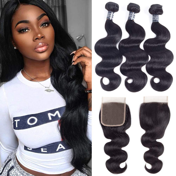 Amella Hair 8A Brazilian Body Wave Virgin Hair 3 Bundles with Three Part Closure (14 16 18+12,Natural Black) 100% Unprocessed Brazilian Body Wave Human Hair Weft with Lace Closure Brazilian Body Wave