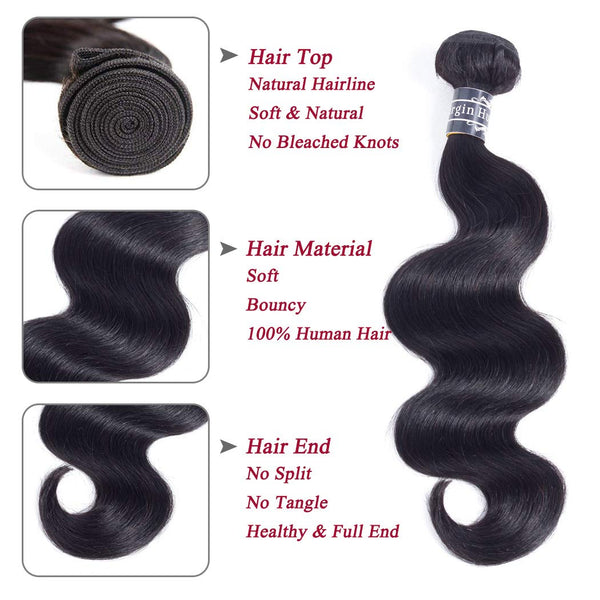 Amella Hair 8A Brazilian Body Wave Virgin Hair 3 Bundles with Three Part Closure (14 16 18+12,Natural Black) 100% Unprocessed Brazilian Body Wave Human Hair Weft with Lace Closure Brazilian Body Wave
