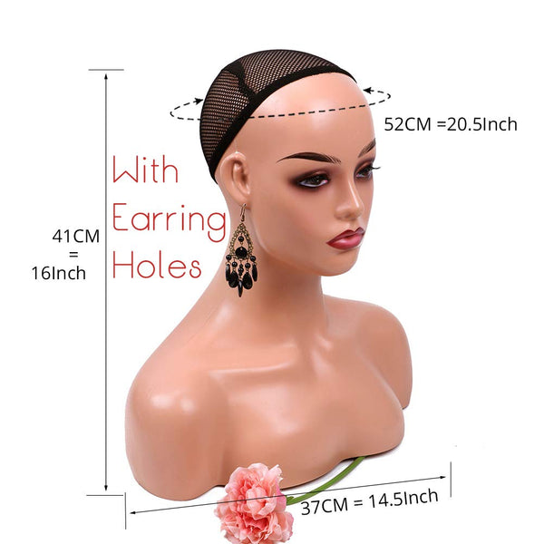 Realistic Female Mannequin Head with Shoulder for Display - Manikin Head with Shoulder for Wig/Jewelry/Makeup/Hat/Sunglass Display (Light Brown)