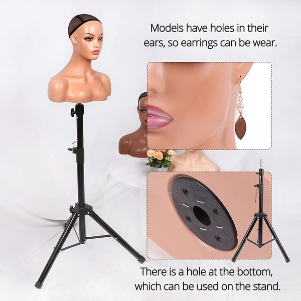 Realistic Female Mannequin Head with Shoulder for Display - Manikin Head with Shoulder for Wig/Jewelry/Makeup/Hat/Sunglass Display (Light Brown)