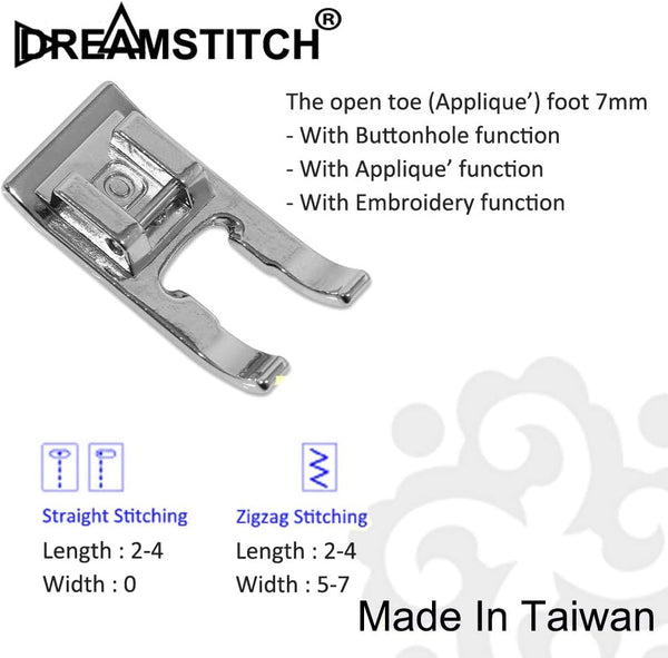 DREAMSTITCH Snap On 7mm Open Toe Foot Appliqué Presser Foot for Brother, Babylock, Singer, Babylock, Elna, Janome, Juki and More Sewing Machine ALT: 40080962, 718W, JU-5900-01Z