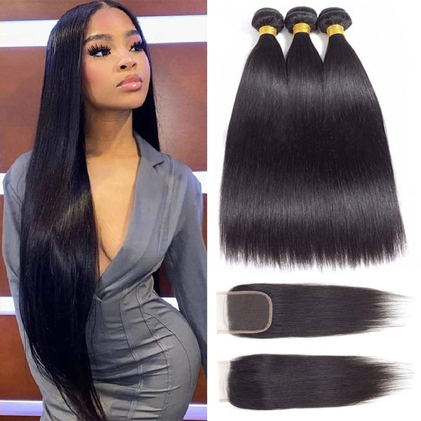 12A Grade Brazilian Virgin Hair Straight 3 Bundles with Closure (18 20 22+16"Closure) 100% Unprocessed Virgin Brazilian Remy Straight Human Hair Bundles with Lace Closure Natural Color