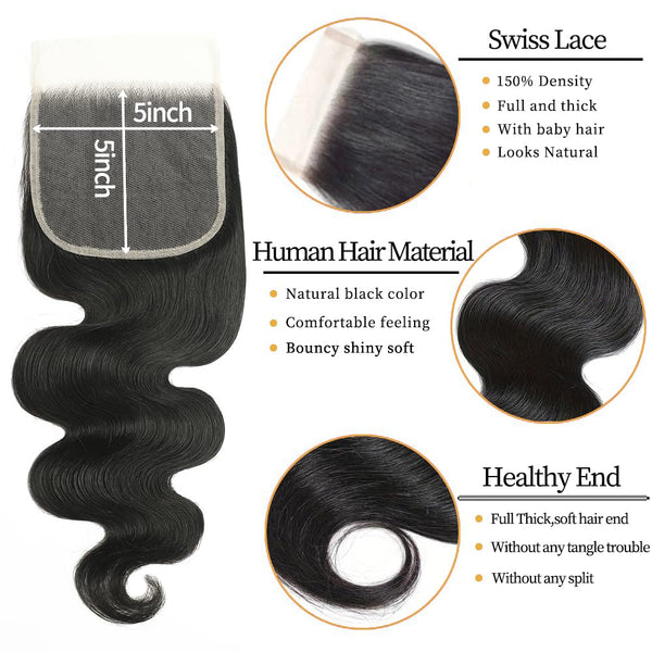 12A Human Hair Bundles with Closure 18 20 22 24+16 Inch Brazilian Body Wave 4 Bundles Human Hair with 5x5 HD Lace Closure Unprocessed Virgin Human Hair Natural Black