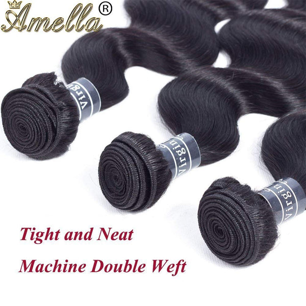 Amella Hair 8A Brazilian Body Wave Virgin Hair 3 Bundles with Three Part Closure (14 16 18+12,Natural Black) 100% Unprocessed Brazilian Body Wave Human Hair Weft with Lace Closure Brazilian Body Wave