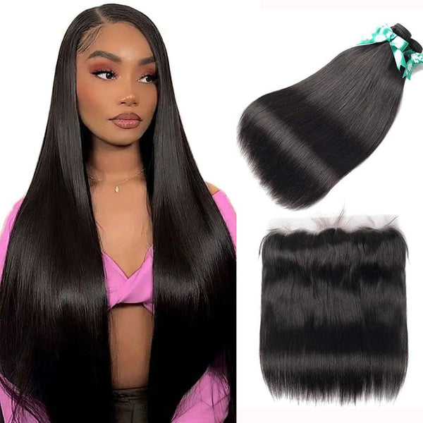 Body Wave 3 Bundles with Frontal Human Hair Bundles with Lace Frontal (18 20 22+18, Natural Black) Brazilian Body Wave Hair Virgin Hair Ear to Ear 13x4 Frontal Natural Black