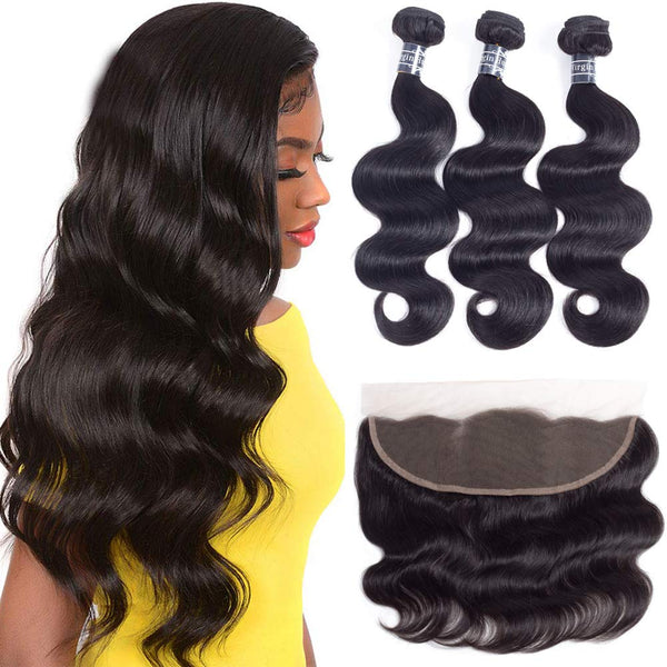 Amella Hair 8A Brazilian Body Wave Virgin Hair 3 Bundles with Three Part Closure (14 16 18+12,Natural Black) 100% Unprocessed Brazilian Body Wave Human Hair Weft with Lace Closure Brazilian Body Wave