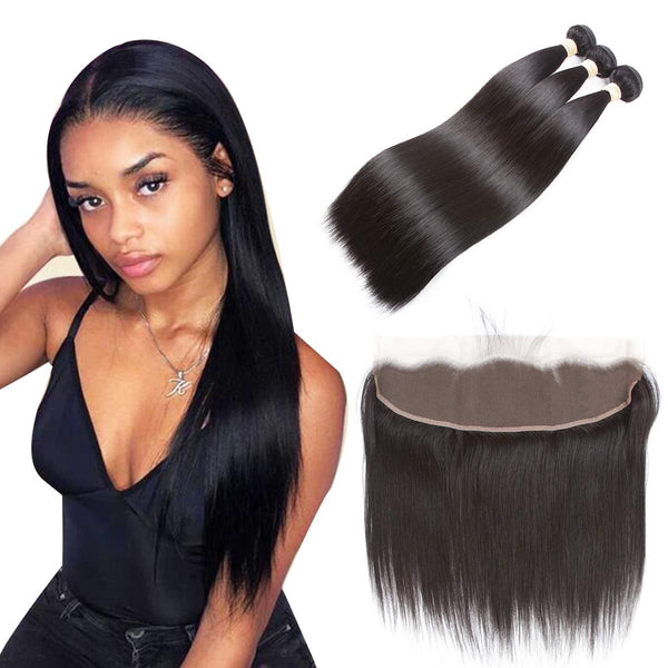 Body Wave 3 Bundles with Frontal Human Hair Bundles with Lace Frontal (18 20 22+18, Natural Black) Brazilian Body Wave Hair Virgin Hair Ear to Ear 13x4 Frontal Natural Black
