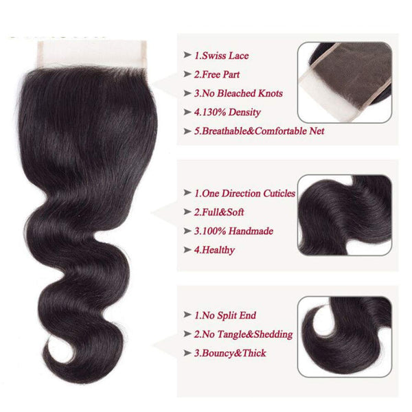 Amella Hair 8A Brazilian Body Wave Virgin Hair 3 Bundles with Three Part Closure (14 16 18+12,Natural Black) 100% Unprocessed Brazilian Body Wave Human Hair Weft with Lace Closure Brazilian Body Wave
