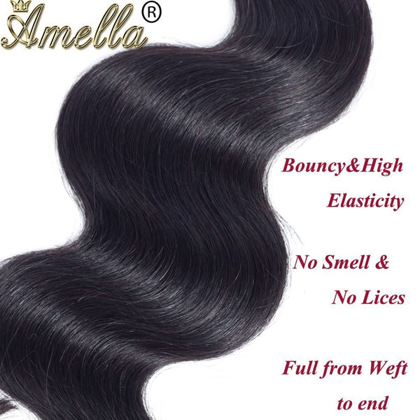 Amella Hair 8A Brazilian Body Wave Virgin Hair 3 Bundles with Three Part Closure (14 16 18+12,Natural Black) 100% Unprocessed Brazilian Body Wave Human Hair Weft with Lace Closure Brazilian Body Wave