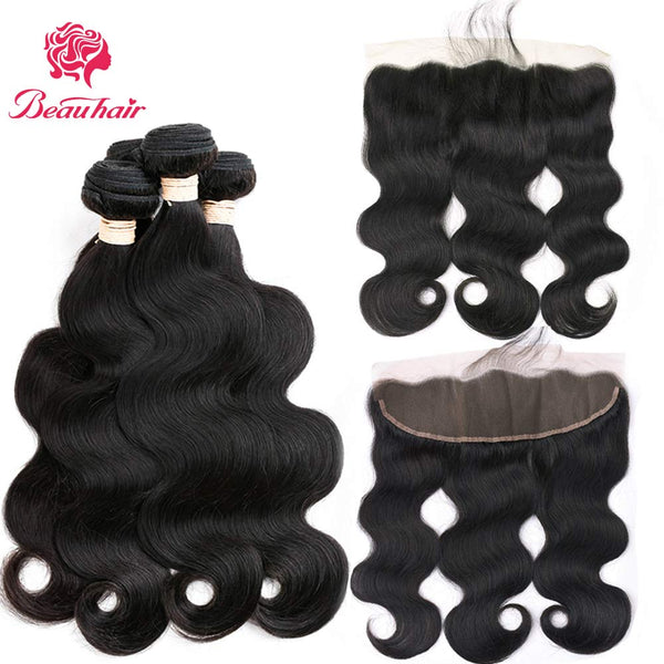 Body Wave 3 Bundles with Frontal Human Hair Bundles with Lace Frontal (18 20 22+18, Natural Black) Brazilian Body Wave Hair Virgin Hair Ear to Ear 13x4 Frontal Natural Black