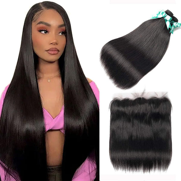 Body Wave 3 Bundles with Frontal Human Hair Bundles with Lace Frontal (18 20 22+18, Natural Black) Brazilian Body Wave Hair Virgin Hair Ear to Ear 13x4 Frontal Natural Black