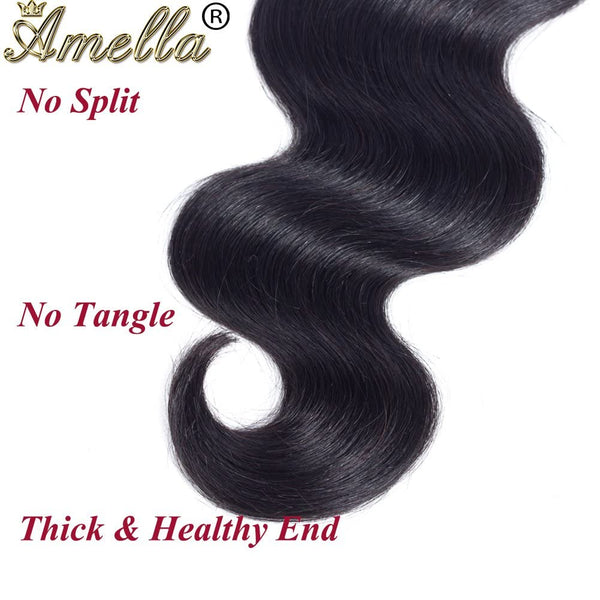 Amella Hair 8A Brazilian Body Wave Virgin Hair 3 Bundles with Three Part Closure (14 16 18+12,Natural Black) 100% Unprocessed Brazilian Body Wave Human Hair Weft with Lace Closure Brazilian Body Wave