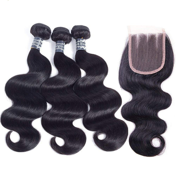 Amella Hair 8A Brazilian Body Wave Virgin Hair 3 Bundles with Three Part Closure (14 16 18+12,Natural Black) 100% Unprocessed Brazilian Body Wave Human Hair Weft with Lace Closure Brazilian Body Wave