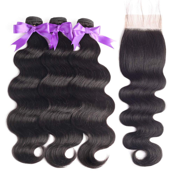 Body Wave 3 Bundles with Frontal Human Hair Bundles with Lace Frontal (18 20 22+18, Natural Black) Brazilian Body Wave Hair Virgin Hair Ear to Ear 13x4 Frontal Natural Black