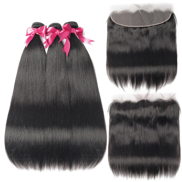 Body Wave 3 Bundles with Frontal Human Hair Bundles with Lace Frontal (18 20 22+18, Natural Black) Brazilian Body Wave Hair Virgin Hair Ear to Ear 13x4 Frontal Natural Black