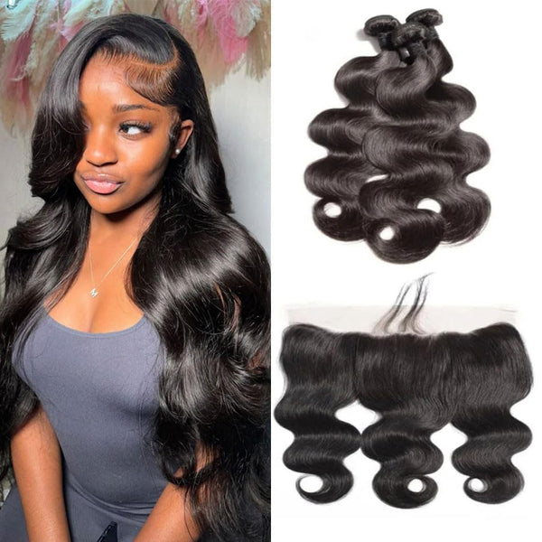 Body Wave 3 Bundles with Frontal Human Hair Bundles with Lace Frontal (18 20 22+18, Natural Black) Brazilian Body Wave Hair Virgin Hair Ear to Ear 13x4 Frontal Natural Black