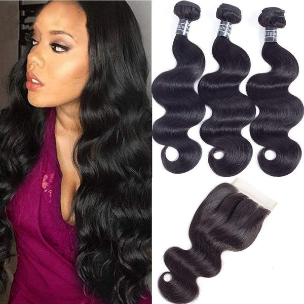 Amella Hair 8A Brazilian Body Wave Virgin Hair 3 Bundles with Three Part Closure (14 16 18+12,Natural Black) 100% Unprocessed Brazilian Body Wave Human Hair Weft with Lace Closure Brazilian Body Wave