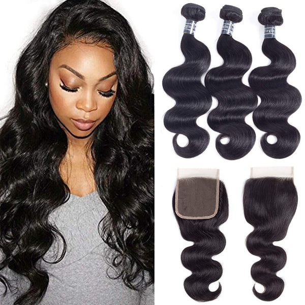 Amella Hair 8A Brazilian Body Wave Virgin Hair 3 Bundles with Three Part Closure (14 16 18+12,Natural Black) 100% Unprocessed Brazilian Body Wave Human Hair Weft with Lace Closure Brazilian Body Wave