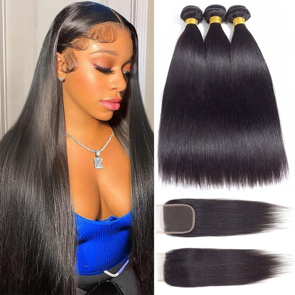 12A Grade Brazilian Virgin Hair Straight 3 Bundles with Closure (18 20 22+16"Closure) 100% Unprocessed Virgin Brazilian Remy Straight Human Hair Bundles with Lace Closure Natural Color