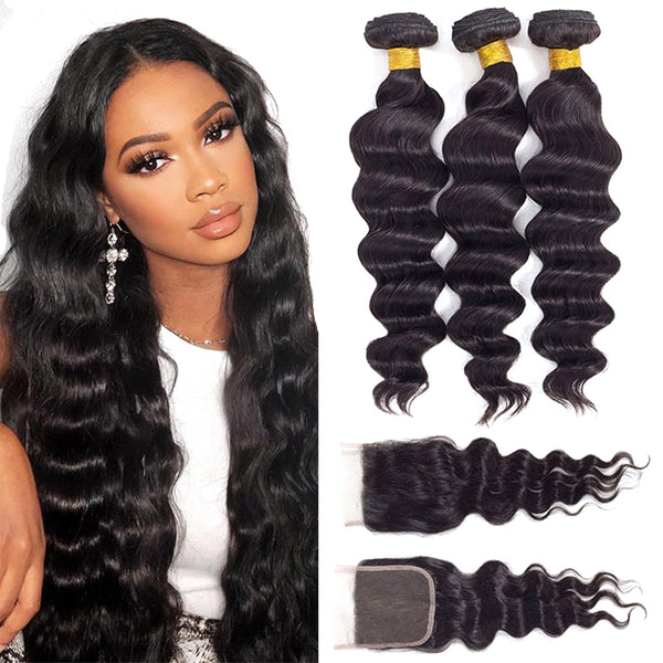 12A Grade Brazilian Virgin Hair Straight 3 Bundles with Closure (18 20 22+16"Closure) 100% Unprocessed Virgin Brazilian Remy Straight Human Hair Bundles with Lace Closure Natural Color