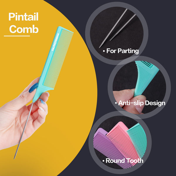 4 PCS Rat Tail Combs Parting Rattail Combs Teasing Fine Tooth Comb with Metal Pick for Curly Hair,Detangling Combs for Women,Parting Combs for Braiding,Styling Hair(Black)