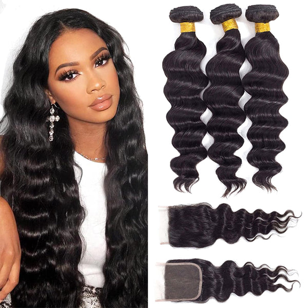 12A Grade Brazilian Virgin Hair Straight 3 Bundles with Closure (18 20 22+16"Closure) 100% Unprocessed Virgin Brazilian Remy Straight Human Hair Bundles with Lace Closure Natural Color