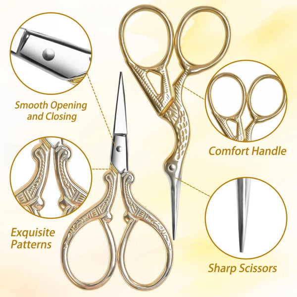 AQUEENLY Embroidery Scissors, Stainless Steel Sharp Stork Scissors for Sewing Crafting, Art Work, Threading, Needlework - DIY Tools Dressmaker Small Shears - 2 Pcs (3.6 Inches, Gold)