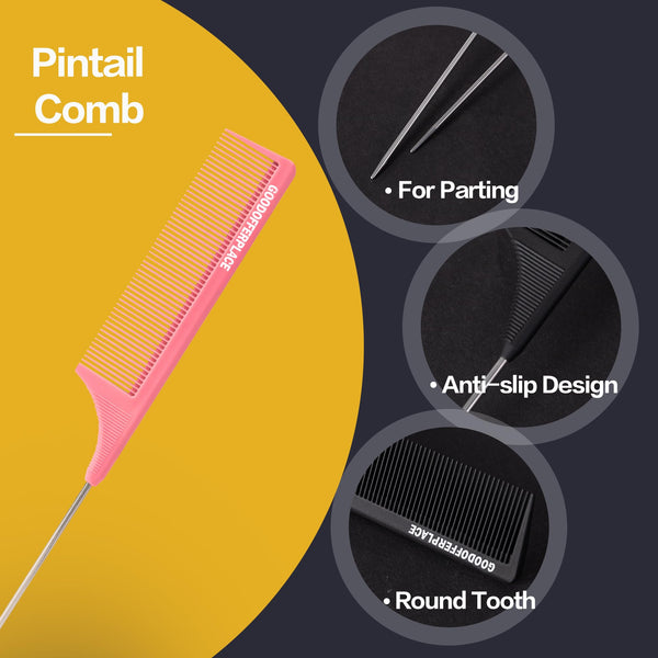 4 PCS Rat Tail Combs Parting Rattail Combs Teasing Fine Tooth Comb with Metal Pick for Curly Hair,Detangling Combs for Women,Parting Combs for Braiding,Styling Hair(Black)