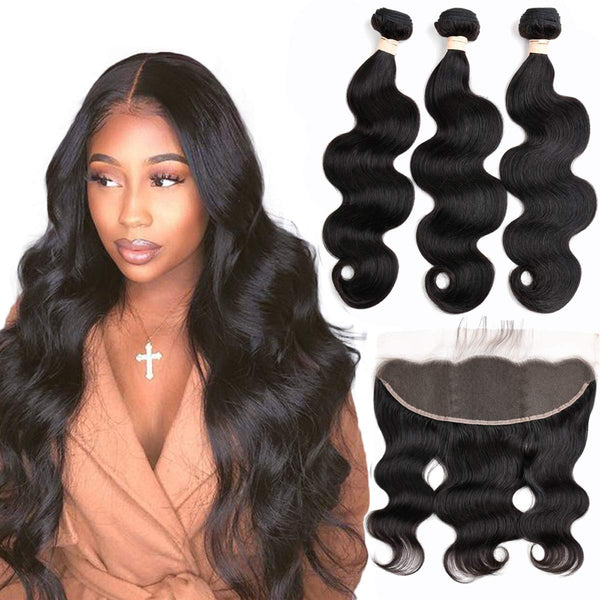 Body Wave 3 Bundles with Frontal Human Hair Bundles with Lace Frontal (18 20 22+18, Natural Black) Brazilian Body Wave Hair Virgin Hair Ear to Ear 13x4 Frontal Natural Black