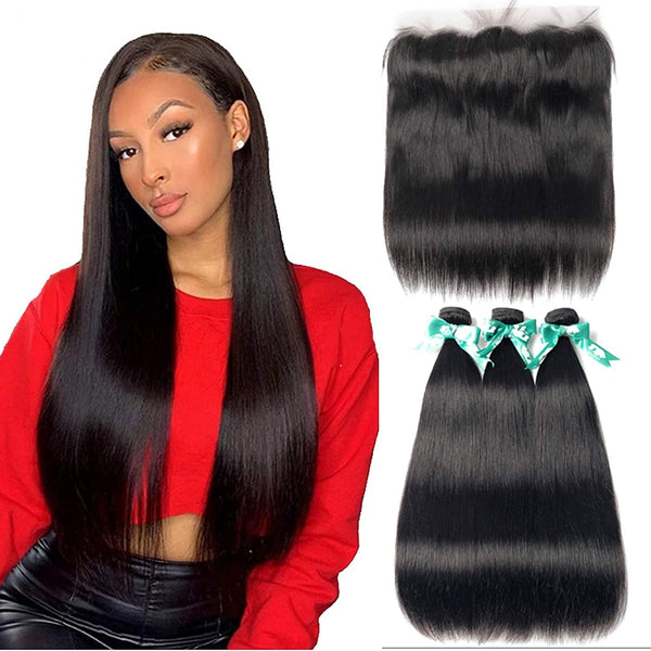 Body Wave 3 Bundles with Frontal Human Hair Bundles with Lace Frontal (18 20 22+18, Natural Black) Brazilian Body Wave Hair Virgin Hair Ear to Ear 13x4 Frontal Natural Black