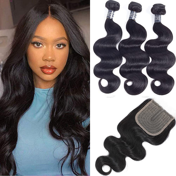 Amella Hair 8A Brazilian Body Wave Virgin Hair 3 Bundles with Three Part Closure (14 16 18+12,Natural Black) 100% Unprocessed Brazilian Body Wave Human Hair Weft with Lace Closure Brazilian Body Wave