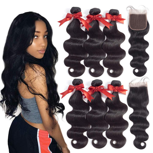 Body Wave 3 Bundles with Frontal Human Hair Bundles with Lace Frontal (18 20 22+18, Natural Black) Brazilian Body Wave Hair Virgin Hair Ear to Ear 13x4 Frontal Natural Black