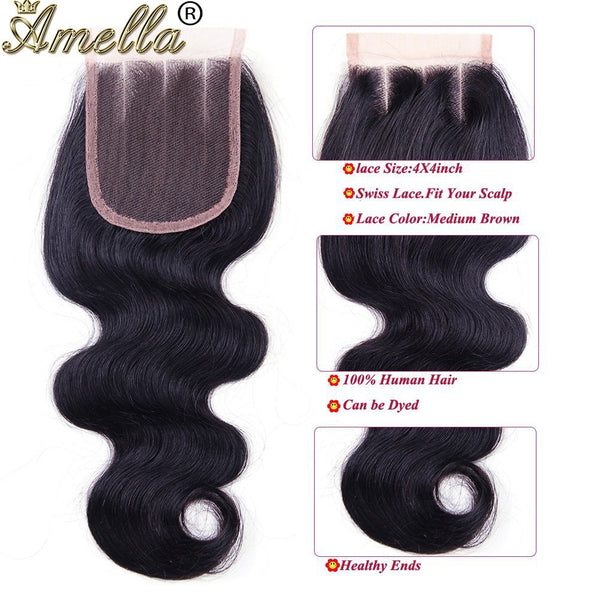Amella Hair 8A Brazilian Body Wave Virgin Hair 3 Bundles with Three Part Closure (14 16 18+12,Natural Black) 100% Unprocessed Brazilian Body Wave Human Hair Weft with Lace Closure Brazilian Body Wave