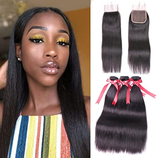 Body Wave 3 Bundles with Frontal Human Hair Bundles with Lace Frontal (18 20 22+18, Natural Black) Brazilian Body Wave Hair Virgin Hair Ear to Ear 13x4 Frontal Natural Black