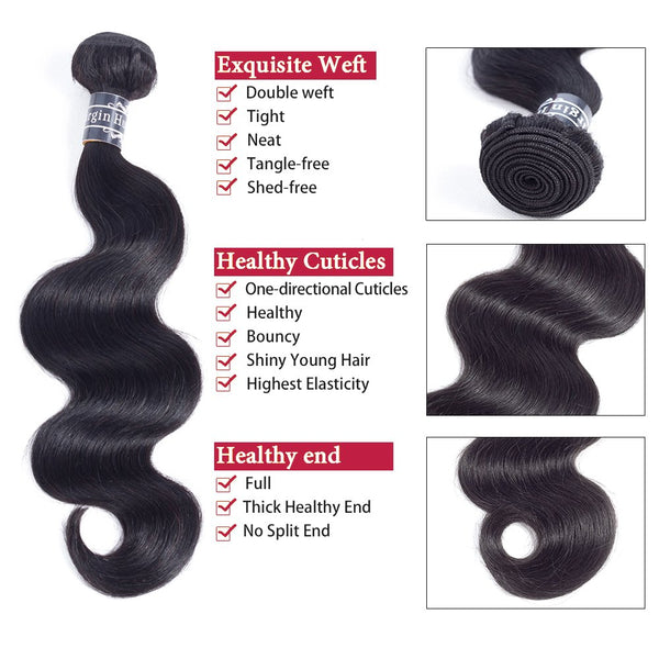 Amella Hair 8A Brazilian Body Wave Virgin Hair 3 Bundles with Three Part Closure (14 16 18+12,Natural Black) 100% Unprocessed Brazilian Body Wave Human Hair Weft with Lace Closure Brazilian Body Wave