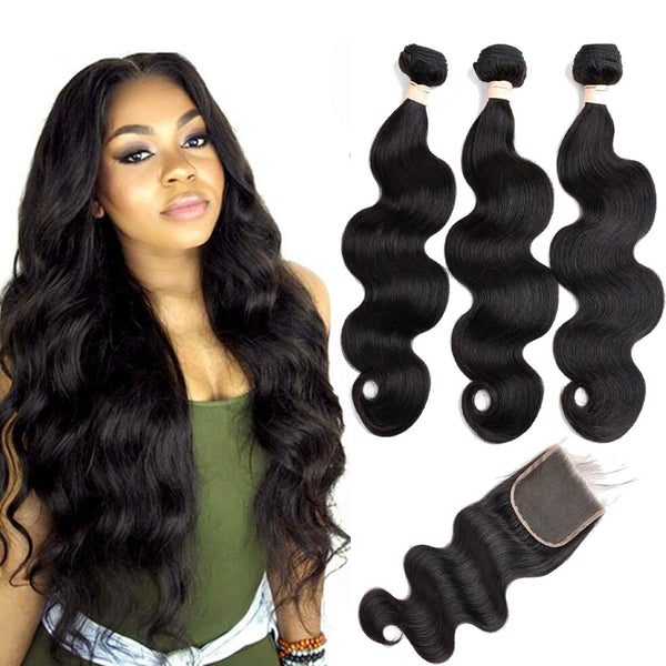Body Wave 3 Bundles with Frontal Human Hair Bundles with Lace Frontal (18 20 22+18, Natural Black) Brazilian Body Wave Hair Virgin Hair Ear to Ear 13x4 Frontal Natural Black