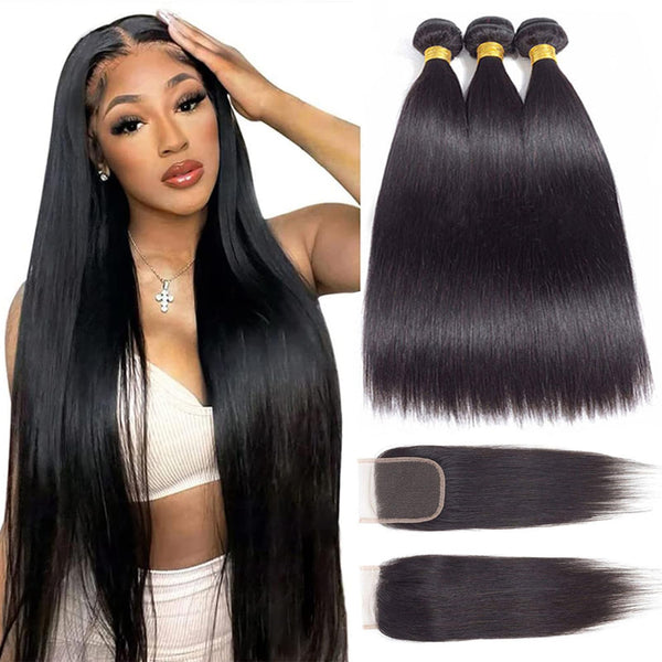 12A Grade Brazilian Virgin Hair Straight 3 Bundles with Closure (18 20 22+16"Closure) 100% Unprocessed Virgin Brazilian Remy Straight Human Hair Bundles with Lace Closure Natural Color