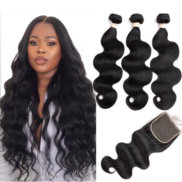 Body Wave 3 Bundles with Frontal Human Hair Bundles with Lace Frontal (18 20 22+18, Natural Black) Brazilian Body Wave Hair Virgin Hair Ear to Ear 13x4 Frontal Natural Black
