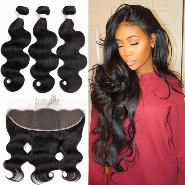 Body Wave 3 Bundles with Frontal Human Hair Bundles with Lace Frontal (18 20 22+18, Natural Black) Brazilian Body Wave Hair Virgin Hair Ear to Ear 13x4 Frontal Natural Black
