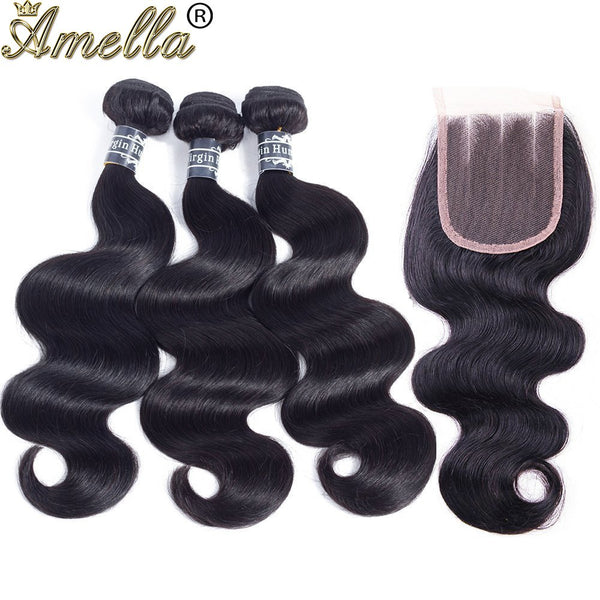 Amella Hair 8A Brazilian Body Wave Virgin Hair 3 Bundles with Three Part Closure (14 16 18+12,Natural Black) 100% Unprocessed Brazilian Body Wave Human Hair Weft with Lace Closure Brazilian Body Wave