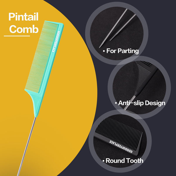 4 PCS Rat Tail Combs Parting Rattail Combs Teasing Fine Tooth Comb with Metal Pick for Curly Hair,Detangling Combs for Women,Parting Combs for Braiding,Styling Hair(Black)