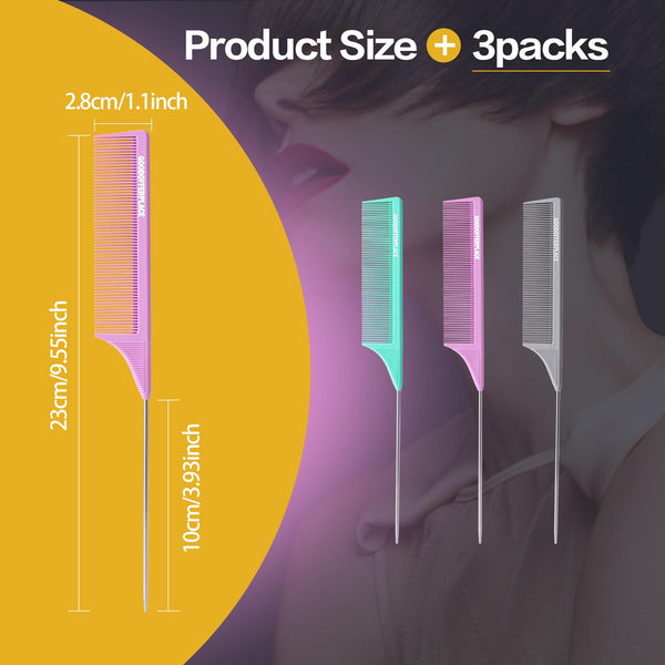 4 PCS Rat Tail Combs Parting Rattail Combs Teasing Fine Tooth Comb with Metal Pick for Curly Hair,Detangling Combs for Women,Parting Combs for Braiding,Styling Hair(Black)