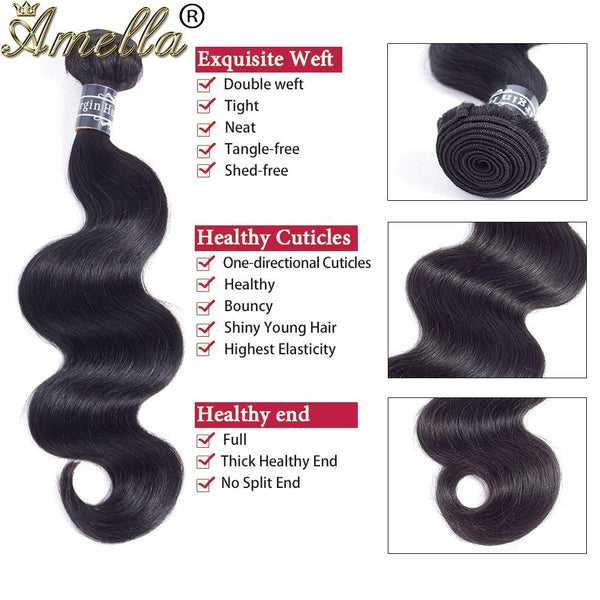 Amella Hair 8A Brazilian Body Wave Virgin Hair 3 Bundles with Three Part Closure (14 16 18+12,Natural Black) 100% Unprocessed Brazilian Body Wave Human Hair Weft with Lace Closure Brazilian Body Wave